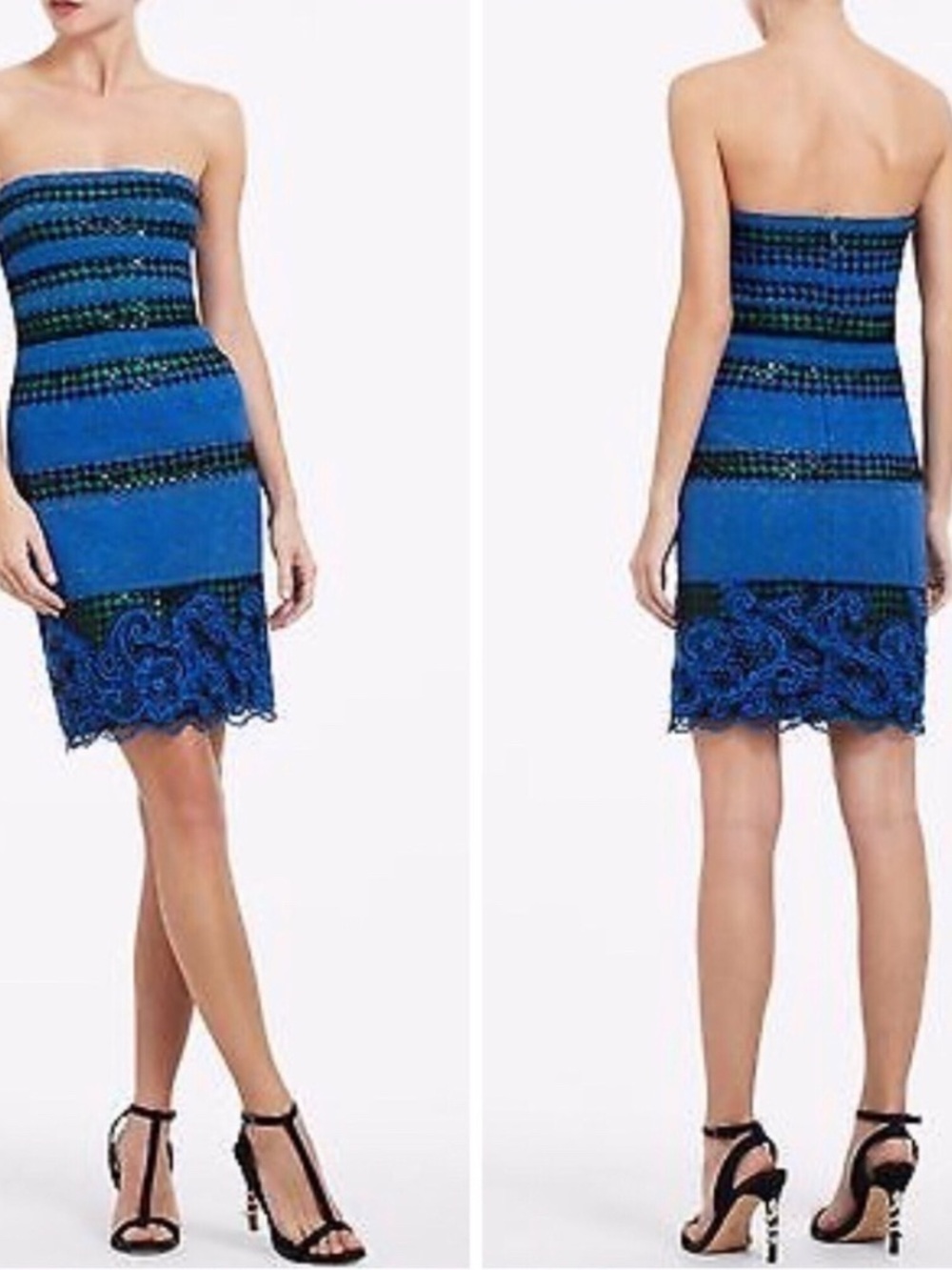 BCBGMaxAzria Royal Blue and Black Strapless Lace-Trim Sheath Dress